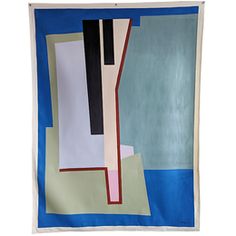 an abstract painting with blue, green and white colors on a wall hanging from the ceiling