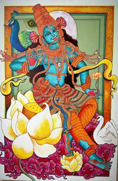 @artsy Krishna Mural Art, Kerala Mural Painting On Canvas, Painting Corner, Composition Ideas, Lotus Flower Art