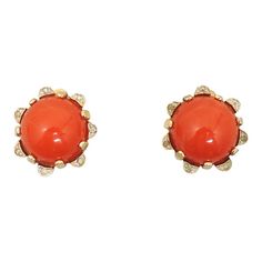 This is part of Chairish’s Costume Jewelry assortment.  1950s goldtone cabochon faux-carnelian centers with small round clear rhinestone accents clip back earrings. Marked "Nettie Rosenstein" in script on clips. Measure: 15/16 inches across. Condition: Very good; some minor wear to backs. Gold Vintage Cabochons, Vintage Yellow Gold Clip-on Earrings With Cabochon, Vintage Yellow Gold Cabochon Clip-on Earrings, Nettie Rosenstein, Clip Earrings, Clear Rhinestones, Vintage 1950s, Costume Jewelry, Clip On Earrings