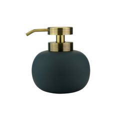 a blue soap dispenser with a brass handle on a white background,