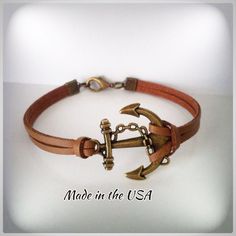 Leather Anchor bracelet Anchor jewelry Nautical by QberryCreations Nickel-free Brown Bracelets As Gift, Nickel-free Brown Bracelets For Gifts, Handmade Adjustable Nautical Bracelets, Handmade Nautical Adjustable Bracelets, Nautical Anchor Bracelets As Gift, Nautical Anchor Bracelet As Gift, Brown Bracelet With Lobster Clasp As Gift, Nautical Anchor Bracelet Gift, Vintage Adjustable Charm Bracelet For Everyday