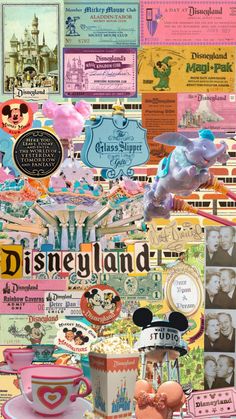 the disneyland land collage has been altered to look like it is being used as a poster