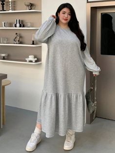 Plus Size Solid Color Loose Splice Long Sleeve Round Neck Dress Grey   Long Sleeve Knitted Fabric   Slight Stretch Spring/Fall Women Plus Clothing, size features are:Bust: ,Length: ,Sleeve Length: Casual Tunic Dress, Round Neck Dress, Casual Tunics, Estilo Hip Hop, Solid Color Dress, Long Dress Casual, Oversized Dress, Round Neck Dresses, Elegant Dresses Long