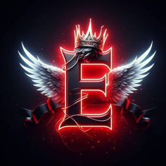 the letter e with wings and a crown on top is surrounded by red neon lights