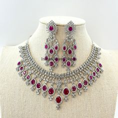 Ruby CZ diamond bridal necklace, American Diamond wedding necklace, Cz jewelry, Indian, Pakistani, and Punjabi wedding jewelry Regular Size And Adjustable with rhodium finish Ships from California, USA Delivery in 2-5 business days in the USA. Other colors can be found here https://www.etsy.com/listing/1423097794/sapphire-cz-diamond-bridal-necklace?ref=listings_manager_grid https://www.etsy.com/listing/1423095388/emerald-cz-diamond-bridal-necklace?ref=listings_manager_grid Color, shades, and texture displayed may slightly vary from the actual product due to digital image limitations. We request you consider these minor variations. Please expect the possibility of some slight imperfections when buying handmade jewelry. Please let me know if you have any questions. Arrives in a gift box. Tha Punjabi Wedding Jewelry, Diamond Wedding Necklace, Diamond Necklace Wedding, Star Bangle, San Ramon, Punjabi Wedding, Jewelry Indian, Cz Jewelry, American Diamond