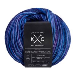 blue and purple yarn ball with the words k xc next to it on a white background