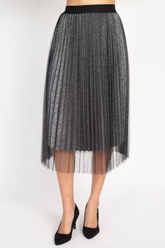 An accordion pleated mesh midi skirt featuring an elasticized waist, metallic lining, raw-cut hem, and a relaxed silhouette. Night Out Tulle Midi Skirt, Metallic Flared Skirt For Spring, Spring Metallic Flared Skirt, Metallic Pleated Skirt Bottoms For Spring, Elegant Metallic Pleated Bottoms, Metallic Pleated Skirt For Spring, Spring Metallic Pleated Skirt, Chic Metallic Pleated Skirt, Metallic Flowy Skirt For Spring