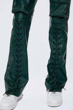 Details Fit: Ruby - High Rise, Boot Cut Fit Color: Oxidized Green Material: 100% Polyurethane Style: AP24884EC Trendy Full-length Leather Pants, Green Leather Pants For Fall, Trendy Fitted Leather Pants, Green Leather Bottoms For Fall, Trendy Green Leather Bottoms, Green Leather Bottoms For Spring, Green Fitted Leather Bottoms, Fitted Green Leather Bottoms, Fitted Green Leather Straight Leg Pants