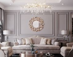 a living room filled with furniture and a chandelier