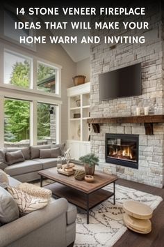 Cozy living room with stone veneer fireplace, wooden coffee table, and plush seating, illustrating warm home decor ideas. Fireplace Stone Ideas Farmhouse, Ventless Gas Fireplace Ideas Stone, Lake House Stone Fireplace, Wide Stone Fireplace, Fireplaces Without A Hearth, Stone Fireplace Without Hearth, Fireplace Stone Veneer Ideas, Veneer Fireplace Stone, Gas Fireplace With Stone Surround