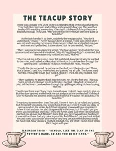 the teacup story is written in black and white on pink paper with two cups