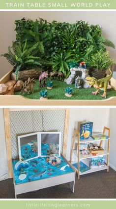 there is a small bed with plants and toys in the room that are on display