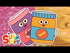 an image of peanut butter and jelly in the shape of two cartoon characters on pink background