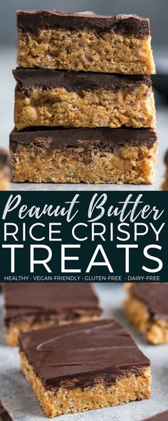 peanut butter rice crispy treats stacked on top of each other with text overlay