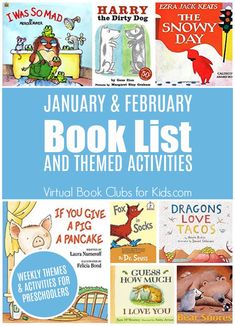 the book list for january and february books with pictures of children's books on them