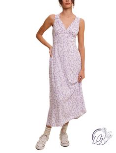 Ditzy floral print V-neck A-line maxi midi dress - V-neck with wide shoulder strap - Sleeveless - Zipper closure on center back - A-line skirt - Hidden side seam pockets - Finished with clean hem - Lined - Model is 5' 9" 33-24-34 and wearing a size Small 100% Rayon **THIS ITEM IS A FINAL SALE ITEM. NO RETURNS OR EXCHANGES ALLOWED** Curvy Shorts, Curvy Jeans, Sweater Tank Top, Kimono Dress, Midi Maxi Dress, Skirt Leggings, Long Blouse, Sweater Blouse, Event Dresses