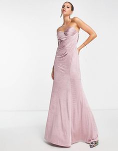 ASOS DESIGN bandeau tuck drape maxi dress in rose | ASOS Bridesmaid Satin, Asos Dress, Black Evening Dresses, Gowns Online, Dress With Tie, Pink Maxi Dress, Ball Dresses