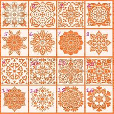 an orange and white pattern is shown in the middle of several different designs, including flowers