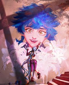 a painting of a girl with blue hair standing in front of a stair case and looking at the camera