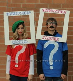 two people wearing costumes with question marks on them