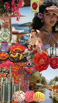 a collage of images with flowers, vases and other items in the foreground