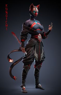 the character is dressed in black with red accents and has two large horns on his head