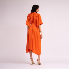 Orange crepe midi dress with raglan sleeves and pleats, accesorized with a cord with a gold buckle. Dry clean only. Composition: 60% POLYESTER 40% VISCOSE Viscose Midi Dress With Gathered Sleeves, Silk Dresses With Gathered Sleeves For Work, Silk Dress With Gathered Sleeves For Work, Workwear Maxi Dress With Gathered Sleeves, Knee-length Silk Midi Dress With Pleated Sleeves, Summer Crepe Maxi Dress, Silk Short Sleeve Midi Dress For Work, Knee-length Midi Dress With Gathered Sleeves For Work, Silk Midi Dress For Work With Short Sleeves