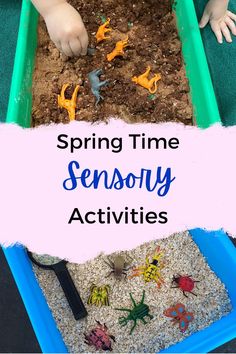 a child playing in a sandbox with the words spring time sensory activities on it