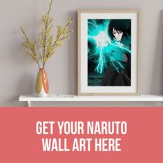 a shelf with two vases and a painting on it that says get your naruto wall art here