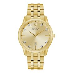 This handsome Bulova Men's Classic Sutton Watch features a gold-tone stainless steel case and bracelet with a champagne dial, futher embellished with eight diamonds set on the dial. Bold gold-tone hands and markers create a sophisticared look, and a calendar window at the six o'clock position adds the finishing touch. The watch further features a domed mineral crystal. The watch secures with a deployment buckle clasp for his peace of mind. Bulova Mens Watches, Bulova Watches, Diamond Watches For Men, Classic Watches, Yellow Gold Bracelet, Mens Gold, Diamond Watch, Stainless Steel Watch, Watch Brands