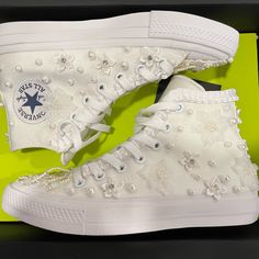 Brand New Never Worn Custom “Bride” White Chuck Taylor Converse Never Been Worn They Are A Men’s Size 5 Or Women’s 7 They Came All White And I Had Them Custom Made To Match A Wedding Dress, Unfortunately Wedding Got Canceled Due To Covid And These Never Got To Walk Down The Isle I Paid 150 For The Sneakers Plus 150 To Get Them Custom Made To Match My Dress. These Are Priced To Sell Please Send Offers I Will Consider Every Offer That Is Fair Low Balls Will Be Ignored Diy Wedding Converse, White Wedding Converse, Wedding Dress Converse, Wedding Dress With Sneakers, Wedding Converse Shoes, Hot Pink Converse, Bride Converse, Leather Chuck Taylors, Bridal Converse