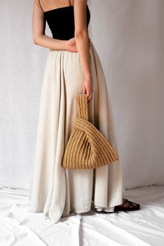 Japandi Knot Bag, Summer Wrist, Raffia Handbag, Tan Crochet, Gold Crochet, Chunky Braids, Crochet Clutch Bags, Minimal Form, Japanese Knot