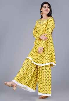 Yellow Color Anarkali Kurta Palazzo With Dupatta Set Women Salwar Kameez Kurti's Designer Yellow Palazzo Set With Printed Motifs, Ankle-length Printed Motifs Salwar Kameez, Yellow Anarkali Palazzo Set With Straight Kurta, Eid Anarkali Long Sleeve Palazzo Set, Ankle-length Palazzo Set With Zari Work For Diwali, Ankle-length Palazzo Set With Resham Embroidery For Eid, Yellow Anarkali Palazzo Set For Eid, Diwali Ankle-length Palazzo Set With Zari Work, Diwali Ankle-length Zari Work Palazzo Set