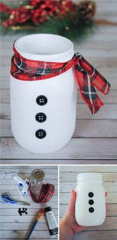 the snowman mason jar is decorated with plaid ribbon, buttons and some other items