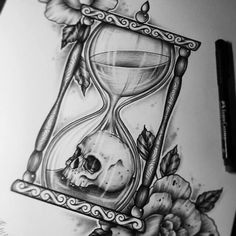 a drawing of an hourglass with a skull and roses