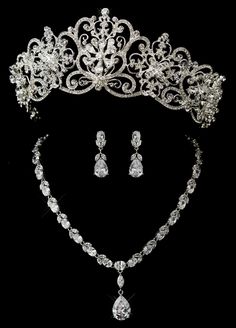 2 1/2" Tall Silver Plated Royal Wedding Tiara with CZ Jewelry Set Regal Wedding, Crystal Crown Tiaras, Tiara Accessories, Coordinates Jewelry, Fake Wedding, Pear Pendant, Pipe Dream, Wedding Tiara, Cz Jewelry