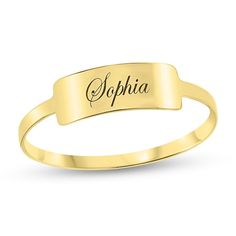 With personalized flair, this bar ring is a great addition to her jewelry box. Crafted in warm 10K gold, this stylish choice features a center bar adorned with a name or message - up to 10 characters in length - inscribed in an attractive script font. Buffed to a brilliant luster, this ring is a unique look just for her. Personalized Yellow Gold Rectangular Name Bracelet, Personalized Rectangular Yellow Gold Name Bracelet, Classic 14k Gold Initial Ring For Personalized Gift, 14k Gold Nameplate Bracelet For Anniversary, Personalized Nameplate Ring For Promise, Personalized Engraved Nameplate Ring For Promise, Classic 14k Gold Custom Name Bracelet, Personalized Nameplate Promise Ring, Yellow Gold Promise Ring With Engraving