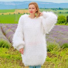 "FLUFFY CLOUD BY SUPERTANYA READY TO SHIP One size, fit XL, XXL Body length, measured from the shoulder top to the bottom end (handing position): 31.5\" / 80 cm Chest width, measured at the back, between the underarms: 24.8\" / 63 cm; Sleeve length, measured from the neckline to the end of the cuff: 30.7'' / 78 cm *All measurements are taken with the item laid flat and not stretched. Code: 0.930 The top quality materials, craftsmanship and service, in addition to the best price/value ratio of my White Crew Neck Sweater Dress For Winter, Cozy White Sweater Dress For Winter, White Mohair Sweater With Crew Neck, White Mohair Crew Neck Sweater, White Long Soft Knit Sweater, Long White Soft Knit Sweater, Cozy White Mohair Sweater, Mohair Dress, Fuzzy Mohair Sweater