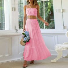 Tavimart Elegant Fashion Skirt 2-Piece Set for Women Summer Skirt Sets Open Waist Sexy Lace Short Strap+A-line Maxi Skirt Suits Pink Two-piece Skirt Set For Summer, Spring Two-piece Solid Skirt, Pink Solid Color Summer Sets, Pink Tiered Skirt Set For Summer, Two-piece Set With Flowy Skirt For Summer, Flowy Two-piece Maxi Skirt, Two-piece Flowy Maxi Skirt, Fitted Pink Maxi Skirt For Vacation, Fitted Solid Color Skirt For Vacation