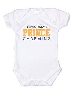 Cool Kids Clothes "Grandma's Prince Charming" Gold and Blue Text, White Onesie Parenting Onesie With Funny Text In White, White Onesie With Funny Text For Parenting, Family Matching White Onesie With Name Print, White Onesie With Letter Print For Gender Reveal, White Onesie For Gender Reveal With Funny Text, Grandma Onesie, Baby Onesie Gift, Kids Clothes Diy, Blue Text