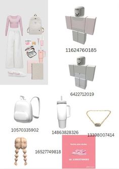 an assortment of items displayed on a white background with pink and gray accents, including clothing, jewelry, and accessories