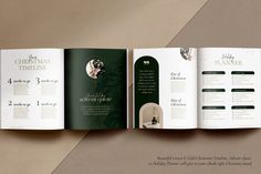 an open brochure is displayed on a brown and white background with green accents