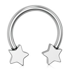 two silver stars are attached to a circular barbell ring with an open star on the end