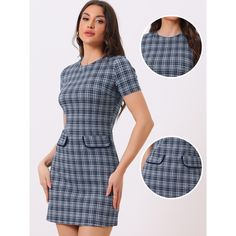 If you're looking for a dress that flatters your figure and is perfect for the office, this sheath dress with a slim silhouette in a plaid print is a great choice. The classic patterns of the Houndstooth dress are timeless and stylish, and the slim silhouette will show off your shape. Pair the dress with a black handbag for a sophisticated and stylish impression, and complete the look with heels for a vintage and chic vibe that's perfect for work, daily errands, or weekend events. Fitted Mini Length Tweed Dress For Office, Elegant Fitted Plaid Dress With Short Sleeves, Elegant Fitted Plaid Work Dress, Fitted Plaid Dresses For Work, Fitted Plaid Dress For Work, Fitted Houndstooth Plaid Mini Dress, Fitted Tweed Office Dress, Plaid Office Dress, Houndstooth Mini Dress For Work