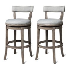 two gray stools with white upholstered backrests on each one side