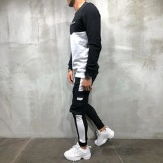 Gender:Men Pattern Type:Letter Sleeve Length(cm):Full Pant Closure Type:Drawstring Collar:O-Neck Decoration:Pockets Material:Cotton Style:Casual Yoga Sets Outfit, Eye Clothes, White Tracksuit, Sets Outfit, White Gym, Street Jacket, Hoodie Pants, Gym Clothing, Men Pants