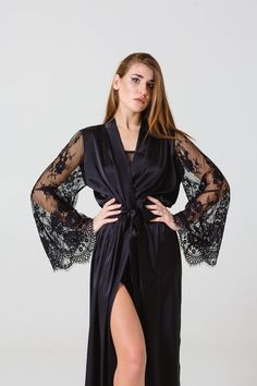 This chic silk robe is sewing from high quality fabric with luxurious soft lace sleeves. In this robe you can feel all your femininity. The robe will gently emphasize the roundness of your body. You can choose the size according to the standard size chart or order an individual size. Sleeve length - 58cm (22.8in) Short Robe length - 90cm (35 in) Long Robe length - 140cm (55 in) If you want less length - write about it in the order. The fabric is very pleasant to the body and looks great. In this Elegant Long Sleeve Lace Sleepwear, Lace Long Sleeve Sleepwear For Wedding Night, Long Lace Robe For Wedding Night, Lace Wedding Night Robe With Lace Sleeves, Fitted Robe With Lace Sleeves For Wedding Night, Fitted Wedding Night Robe With Lace Sleeves, Elegant Sleepwear With Kimono Sleeves For Wedding Night, Elegant Wedding Night Sleepwear With Kimono Sleeves, Elegant Lace Patchwork Sleepwear For Night