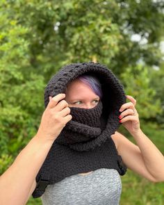 This crochet hood will keep you so warm during those cold winter months. So soft and squishy! Wear under your coat or coveralls to keep your neck and head warm. It comes with straps under the arms that buckle in the front to keep everything in place. Very versatile piece! Comes in black, neutral multicolored, and pink multicolored. Pattern cred: thecreatrixinthematrixx Crochet Hood, Winter Months, Cold Winter, Shawls And Wraps, Matrix, Scarf Accessory, Buckle, Things To Come, Crochet