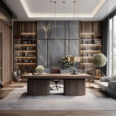 an elegant office with marble walls and wooden desks in the center, along with large windows