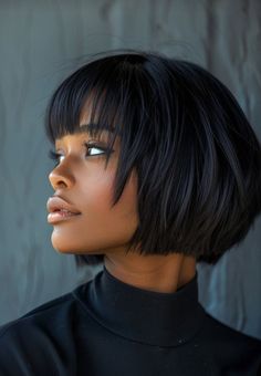 Edgy Hairstyles Black Women, Short Bob With Bangs Black Women, Bob Hairstyle With Bangs Women, Short Layered Haircuts Black Women, Black Women Layered Hairstyles, Black Layered Hair Medium, Sleek Bob With Bangs, Short Bob With Bangs For Black Women, Cheek Length Bob